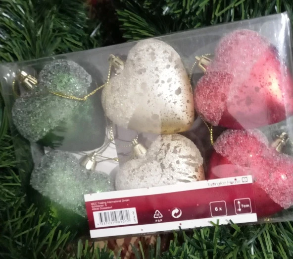 VIP DELUXE 6 ADET 7 CM KALPLİ YILBAŞI AĞACI SÜSLERİ RENKLİ KALPLİ SÜSLER KALPLİ RENKLİ NOEL SÜSLERİ - Resim 2