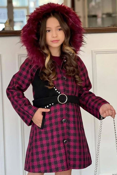 Kız Çocuk Kapüşonlu Peluş Detaylı Kare Desenli Mor Kaban - Resim 2