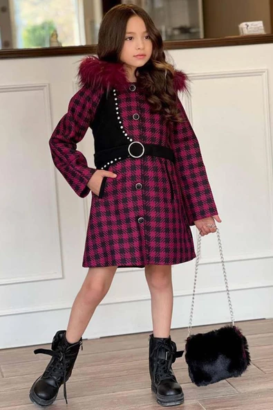 Kız Çocuk Kapüşonlu Peluş Detaylı Kare Desenli Mor Kaban ürün görseli