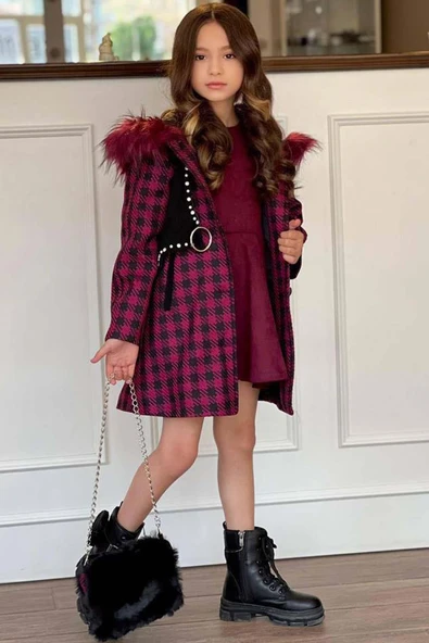 Kız Çocuk Kapüşonlu Peluş Detaylı Kare Desenli Mor Kaban - Resim 4