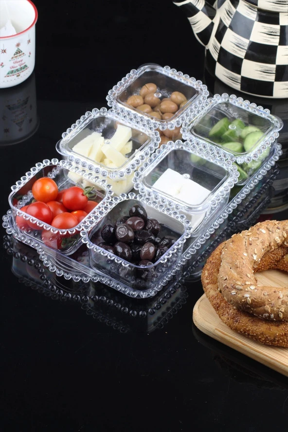 Boncuklu Kahvaltı Takımı 6 Bölmeli Akrilik Tepsili Kapaklı Kahvaltılık Seti Mutfak Çerezlik Sosluk