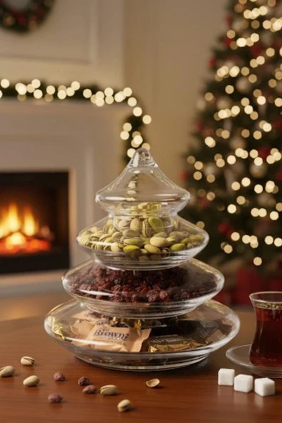 Paşabahçe Denizli Cam  Kristal El İmalatı 3 Katlı Çam Ağacı Model  Şekerlik Kurabiyelik Drajelik 128391 90355 - Resim 3