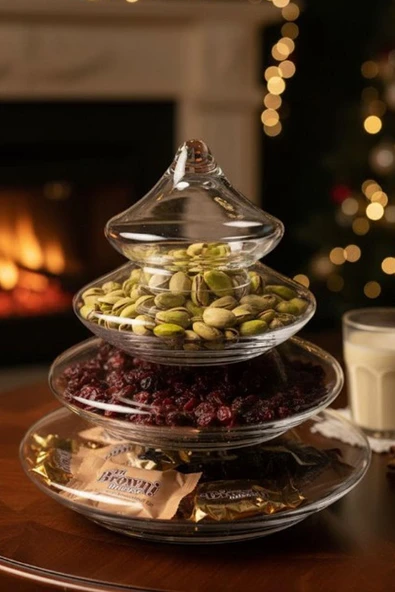 Paşabahçe Denizli Cam  Kristal El İmalatı 3 Katlı Çam Ağacı Model  Şekerlik Kurabiyelik Drajelik 128391 90355 - Resim 2