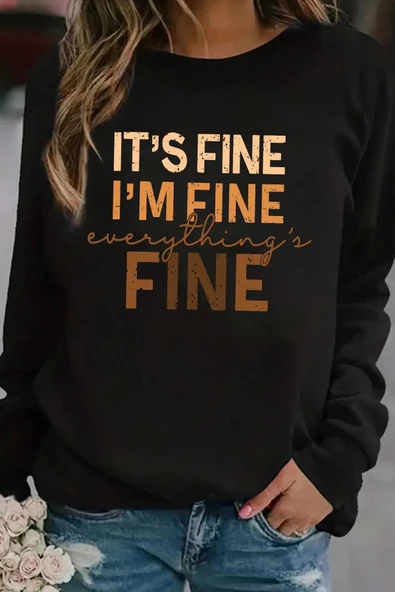 Unisex Fine Baskılı Bisiklet Yaka Sweatshirt