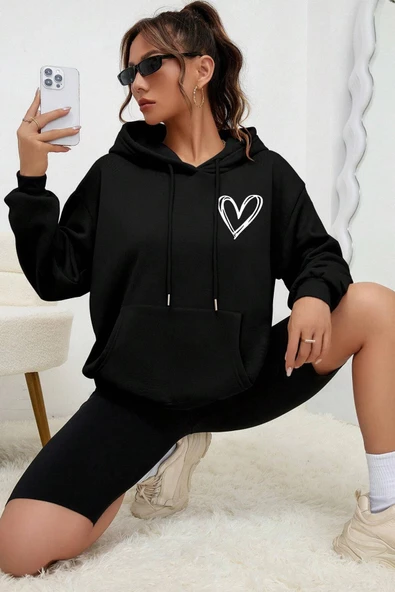 Unisex Heart Baskılı Oversize Sweatshirt