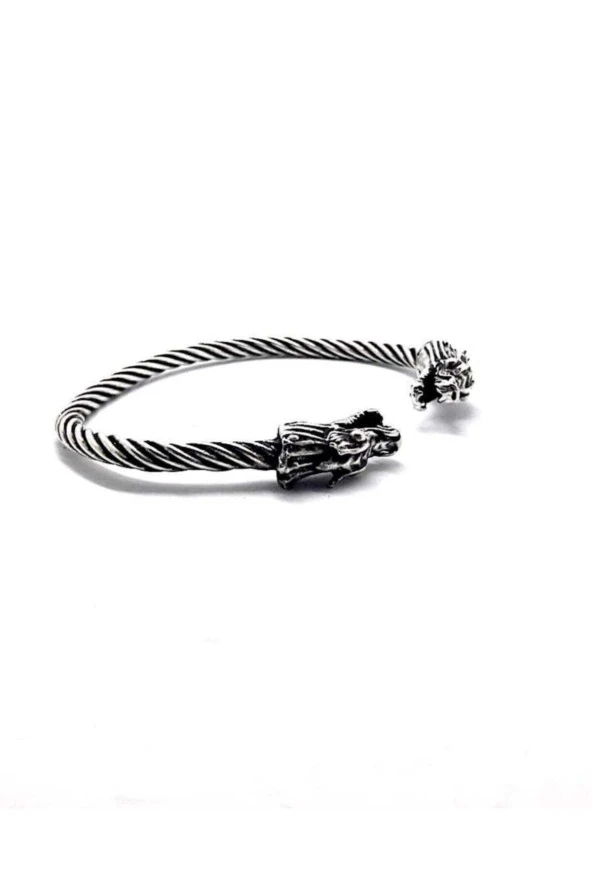 Antik Gümüş Kaplama Ejderha Başlı Viking Bileklik - 3