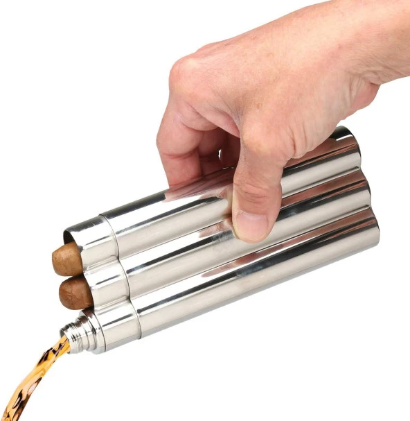 Perlotus 2 Oz- 60 cc Çelik Viski İçki Mataralı İkili Puro Kutusu