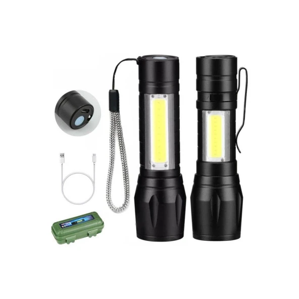 Ultra Güçlü USB Şarjlı Mini El Feneri Kutulu Kamp Feneri Avcılık Feneri 2 Mod Yan LED 3W