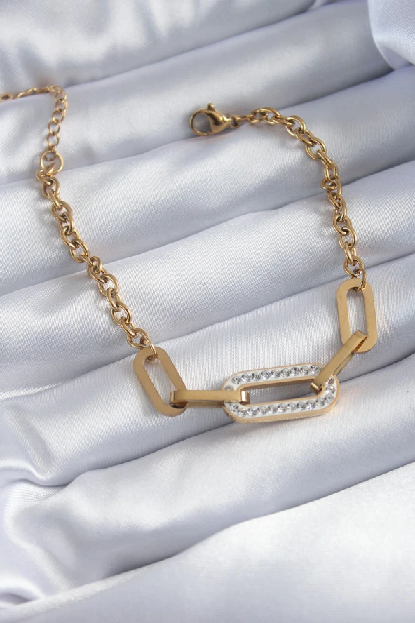 316L Çelik Gold Renk Zincir Model Zirkon Taş Detay Kadın Bileklik ürün görseli