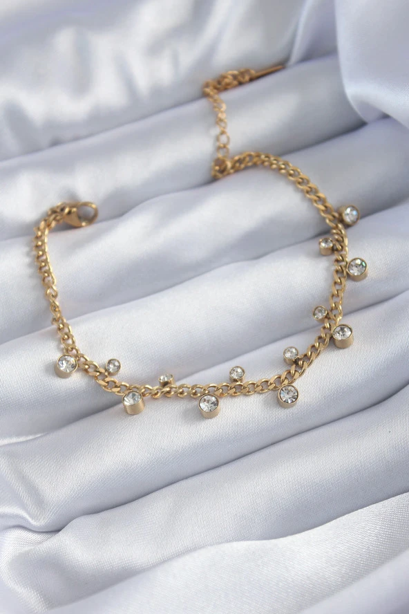 316L Çelik Gold Renk Zincir Model Zirkon Taş Detay Kadın Bileklik - Resim 2