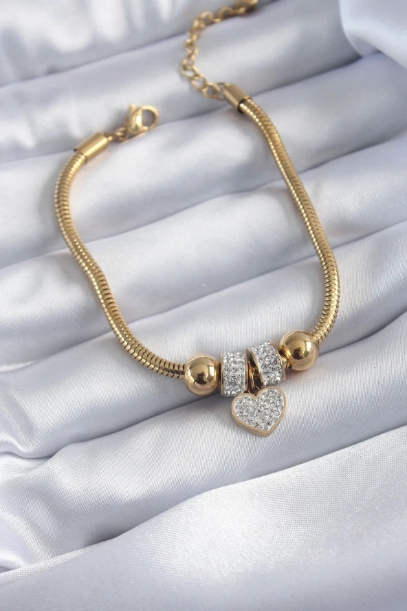 316L Çelik Gold Renk 3lü Zincir Model Minimal Topçuk Detay Kadın Bileklik ürün görseli