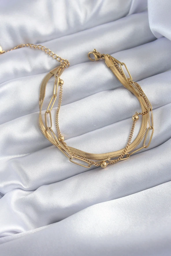 316L Çelik Gold Renk 3lü Zincir Model Minimal Topçuk Detay Kadın Bileklik - Resim 2