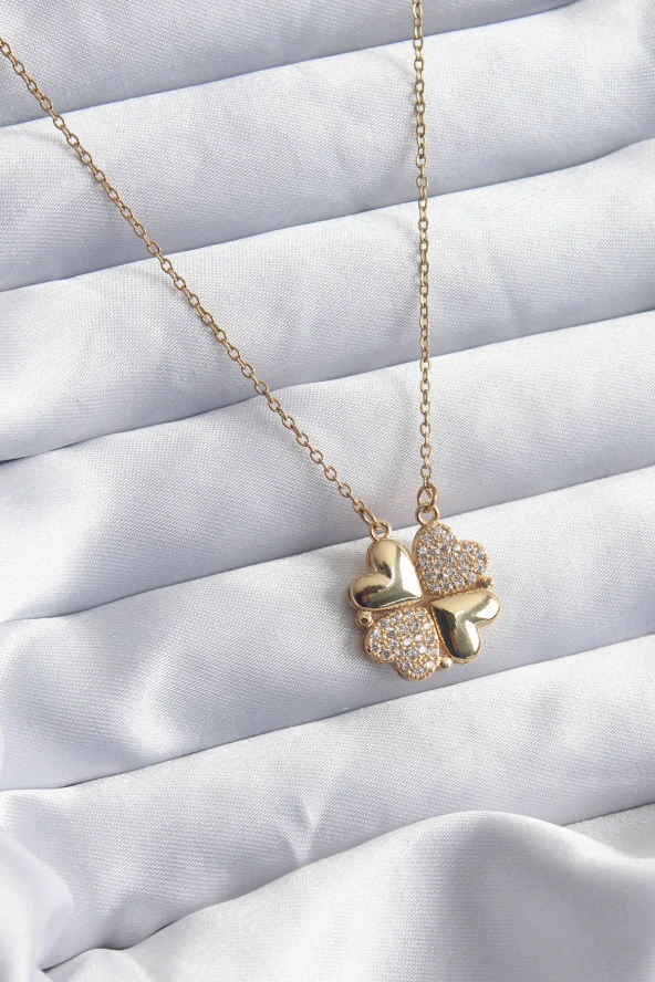 316L Çelik Gold Renk Zincir Açılır Zirkon Taş Detay Kalp Model Kadın Kolye ürün görseli