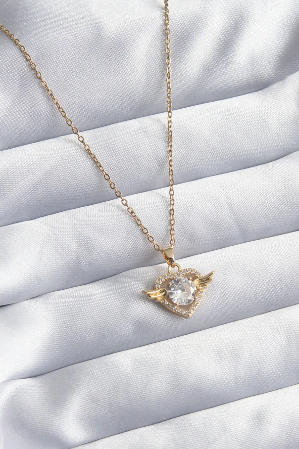 316L Çelik Gold Renk Zincir Zirkon Taşlı Kalp Model Kadın Kolye ürün görseli