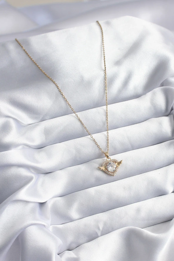 316L Çelik Gold Renk Zincir Zirkon Taşlı Kalp Model Kadın Kolye - Resim 2