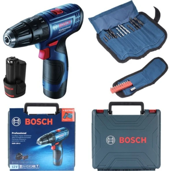 BOSCH PROFESSİONAL GSB 120-LI 2 AH ÇİFT AKÜLÜ DARBELİ DELME VİDALAMA + AKSESUAR SETİ