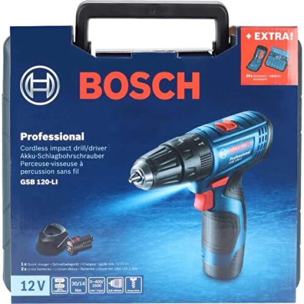 BOSCH PROFESSİONAL GSB 120-LI 2 AH ÇİFT AKÜLÜ DARBELİ DELME VİDALAMA + AKSESUAR SETİ - 3