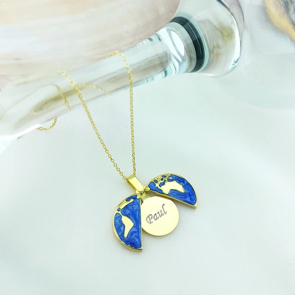 Vaoov 925 Ayar Gümüş İsimli Gold Açılan Dünya Kolye - Resim 2