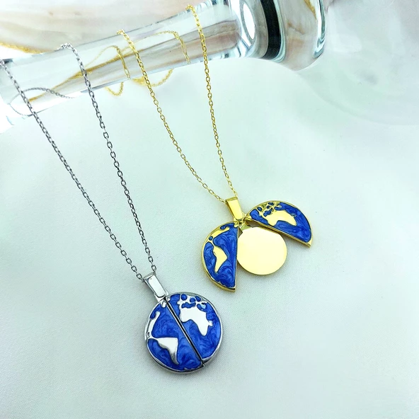 Vaoov 925 Ayar Gümüş İsimli Gold Açılan Dünya Kolye - Resim 8