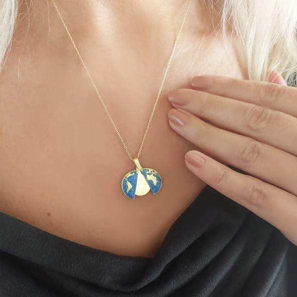 Vaoov 925 Ayar Gümüş İsimli Gold Açılan Dünya Kolye - Resim 7