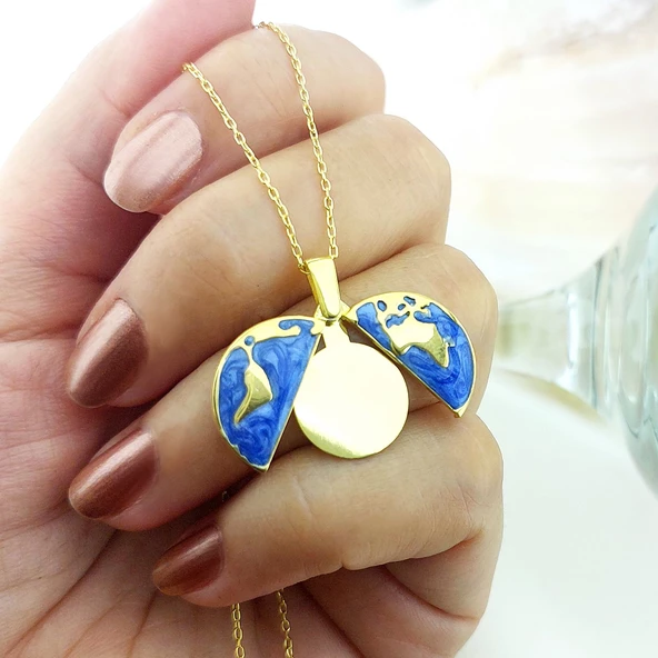 Vaoov 925 Ayar Gümüş İsimli Gold Açılan Dünya Kolye - Resim 3