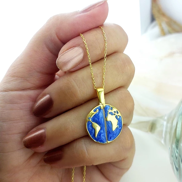 Vaoov 925 Ayar Gümüş İsimli Gold Açılan Dünya Kolye - Resim 6