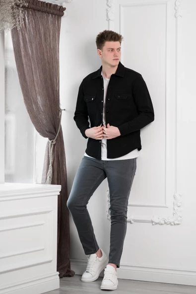 FBI Slimfit Çift Kapak Cepli Çıtçıt Kapamalı Erkek Kaşe Gömlek - 6