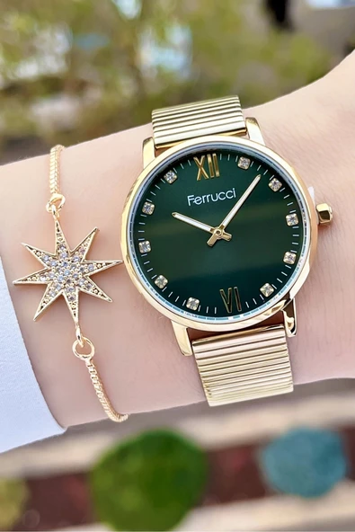 Ferrucci FCISTE245 Kadranı Yeşil Kordonu Gold Renk ve Bileklik - 4