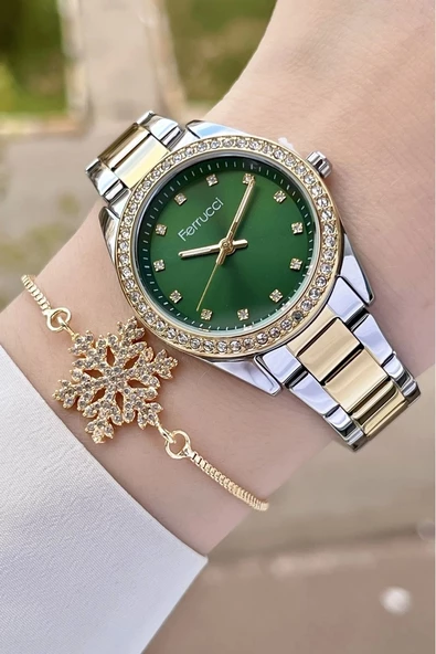Ferrucci FCISTE246 Kadranı Yeşil Kordonu Gold Gümüş Renk ve Bileklik ürün görseli 1