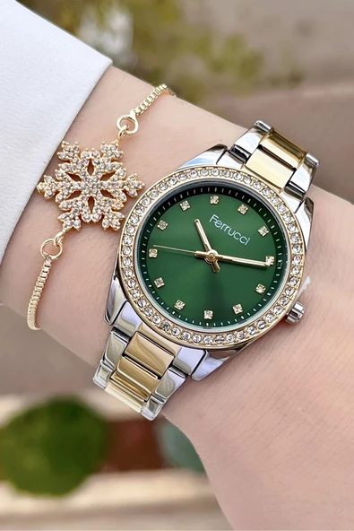Ferrucci FCISTE246 Kadranı Yeşil Kordonu Gold Gümüş Renk ve Bileklik - Resim 2