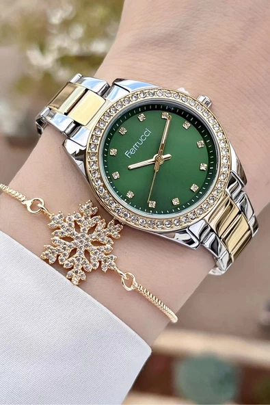 Ferrucci FCISTE246 Kadranı Yeşil Kordonu Gold Gümüş Renk ve Bileklik - Resim 4