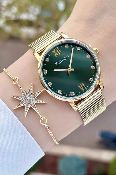 Ferrucci FCISTE245 Kadranı Yeşil Kordonu Gold Renk ve Bileklik - 3