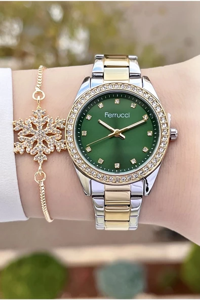 Ferrucci FCISTE246 Kadranı Yeşil Kordonu Gold Gümüş Renk ve Bileklik - Resim 3