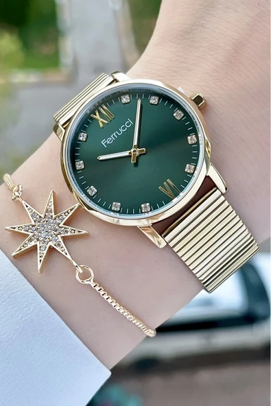 Ferrucci FCISTE245 Kadranı Yeşil Kordonu Gold Renk ve Bileklik