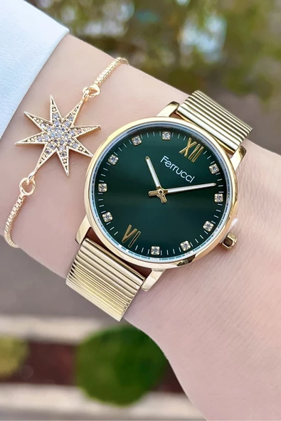 Ferrucci FCISTE245 Kadranı Yeşil Kordonu Gold Renk ve Bileklik - 2