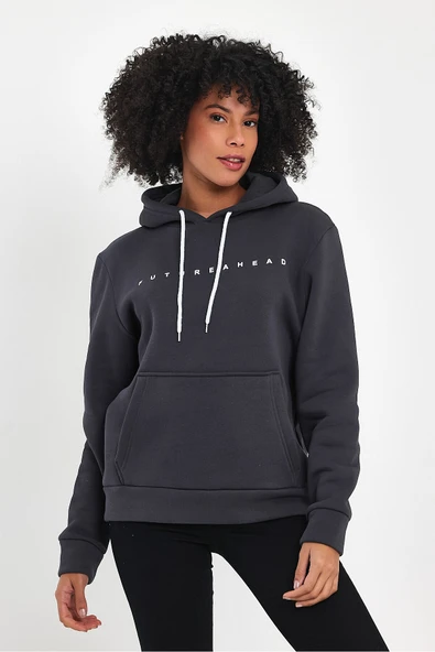 Kadın Kapşonlu Rahat Kalıp İçi Polarlı 3 iplik Feture Baskılı SweatShırt spr24swk14 - 7