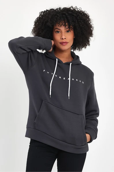 Kadın Kapşonlu Rahat Kalıp İçi Polarlı 3 iplik Feture Baskılı SweatShırt spr24swk14 - 5