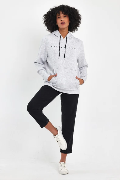 Kadın Kapşonlu Rahat Kalıp İçi Polarlı 3 iplik Feture Baskılı SweatShırt spr24swk14 - Resim 10