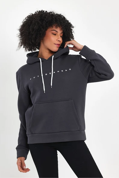 Kadın Kapşonlu Rahat Kalıp İçi Polarlı 3 iplik Feture Baskılı SweatShırt spr24swk14 - 3