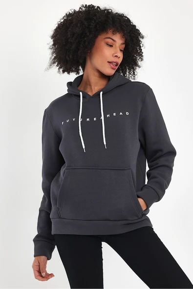 Kadın Kapşonlu Rahat Kalıp İçi Polarlı 3 iplik Feture Baskılı SweatShırt spr24swk14 - Resim 2