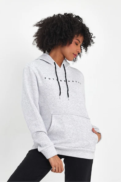 Kadın Kapşonlu Rahat Kalıp İçi Polarlı 3 iplik Feture Baskılı SweatShırt spr24swk14 - Resim 11