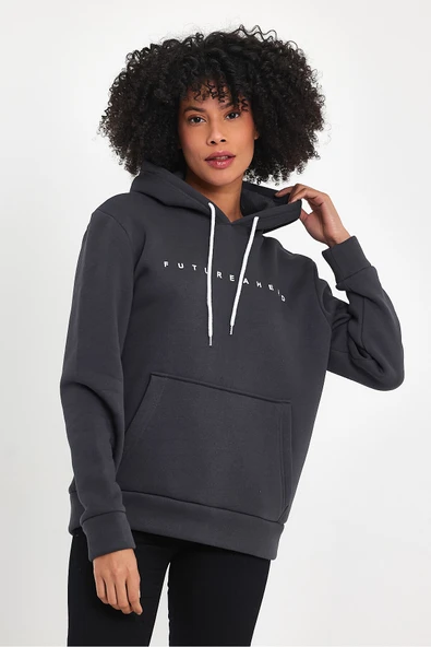 Kadın Kapşonlu Rahat Kalıp İçi Polarlı 3 iplik Feture Baskılı SweatShırt spr24swk14 - Resim 8