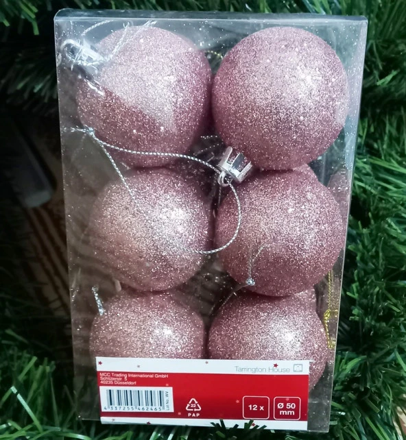 VIP DELUXE 12 ADET 5 CM SİMLİ PEMBE TOP SÜSLER YILBAŞI AĞACI SÜSLERİ NOEL AĞACI SÜSLERİ PEMBE TOPSÜS - Resim 2