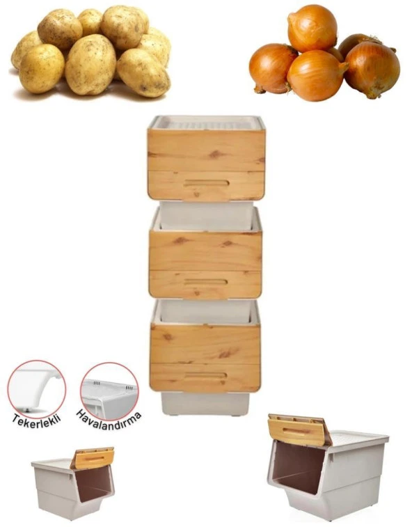 Motek Patateslik Soğanlık Sepeti Oyuncak Kutusu Tekerlekli Organızer Çok Amaçlı Kutu 6X12Lt-Bambu+Krem - 2