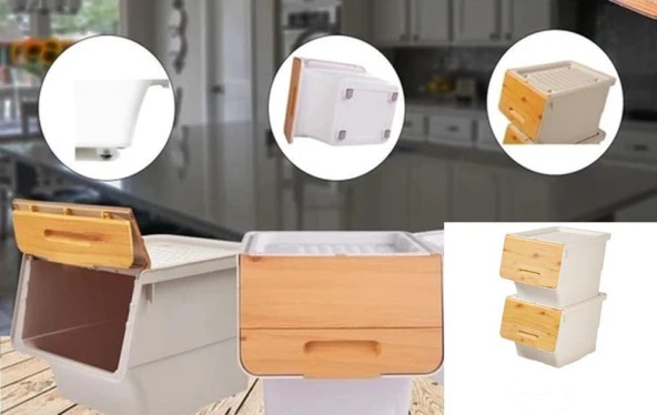 Motek Patateslik Soğanlık Sepeti Oyuncak Kutusu Tekerlekli Organızer Çok Amaçlı Kutu 6X12Lt-Bambu+Krem - 6