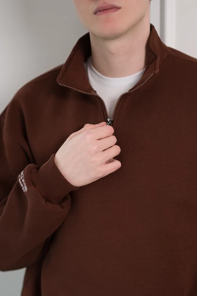 Yarım Fermuarlı Dik Yaka 3 İplik İçi Polarlı Oversize Kışlık Sweatshirt - 10