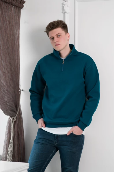 Yarım Fermuarlı Dik Yaka 3 İplik İçi Polarlı Oversize Kışlık Sweatshirt - 2
