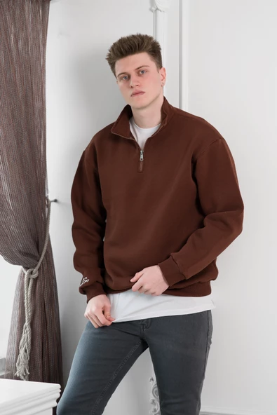 Yarım Fermuarlı Dik Yaka 3 İplik İçi Polarlı Oversize Kışlık Sweatshirt - 8