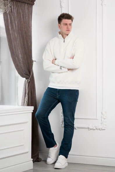 Yarım Fermuarlı Dik Yaka 3 İplik İçi Polarlı Oversize Kışlık Sweatshirt - 11