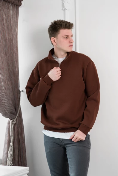 Yarım Fermuarlı Dik Yaka 3 İplik İçi Polarlı Oversize Kışlık Sweatshirt - 7